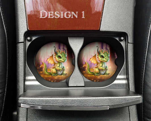 Watercolor Cute Dragon Art Car Coasters  - Matching Pair - Set of 2 - Five Designs Available