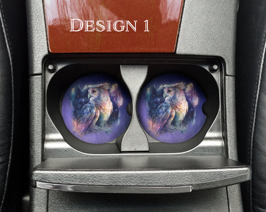 Mystical Watercolor Owl Art Car Coasters  - Matching Pair - Set of 2 - Two Designs Available
