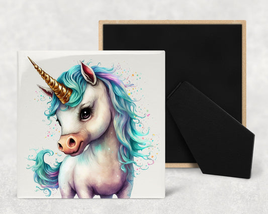 Cute Baby Unicorn Art Decorative Ceramic Tile with Optional Easel Back - Available in 3 Sizes