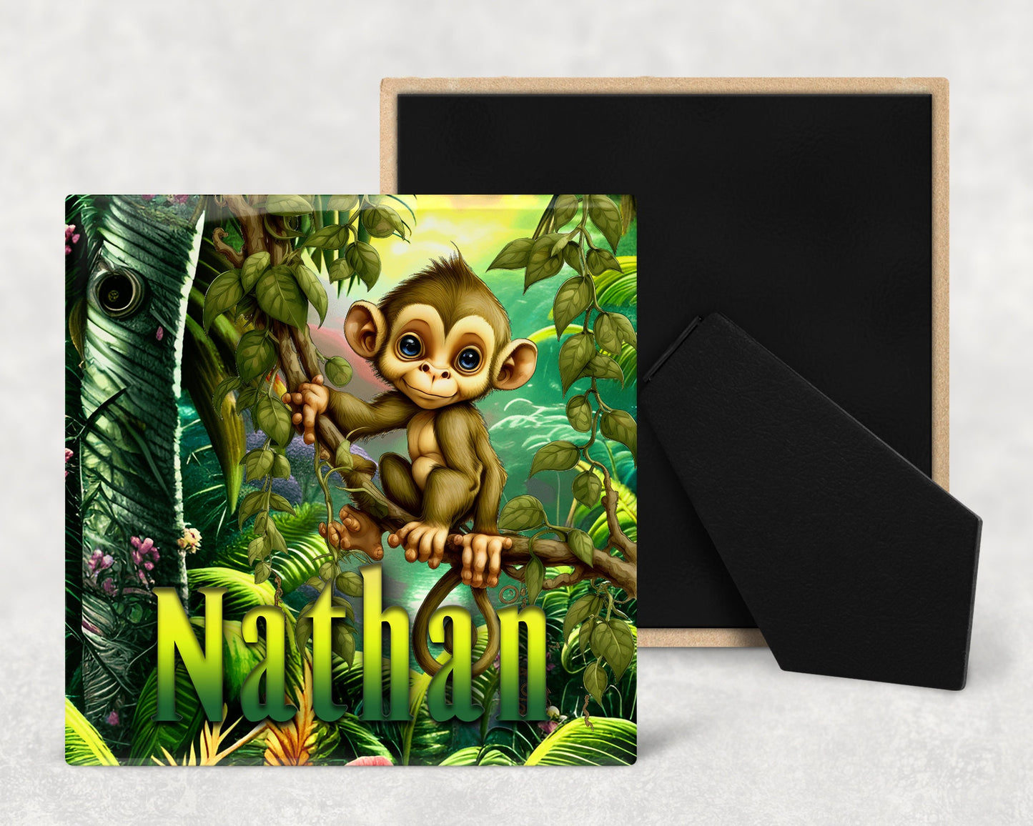 Cute Personalized Monkey Art Decorative Ceramic Tile Set with Optional Easel Back  - Available in 3 sizes