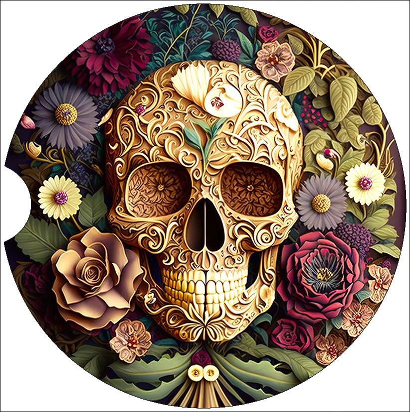 3D Effect Skull and Flowers  Art Car Coasters - Matching Pair - Set of 2