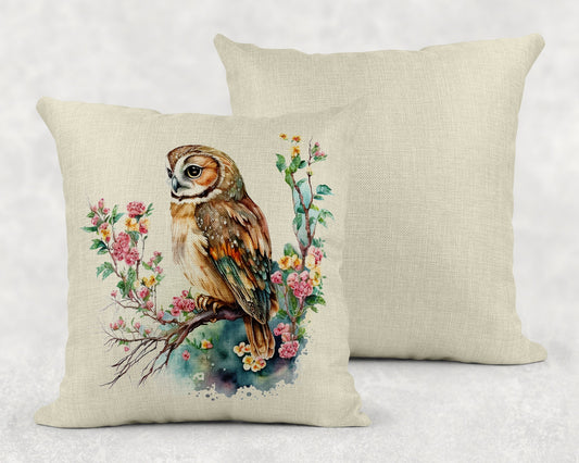 Watercolor Floral Owl on Branch Art Linen Throw Pillow