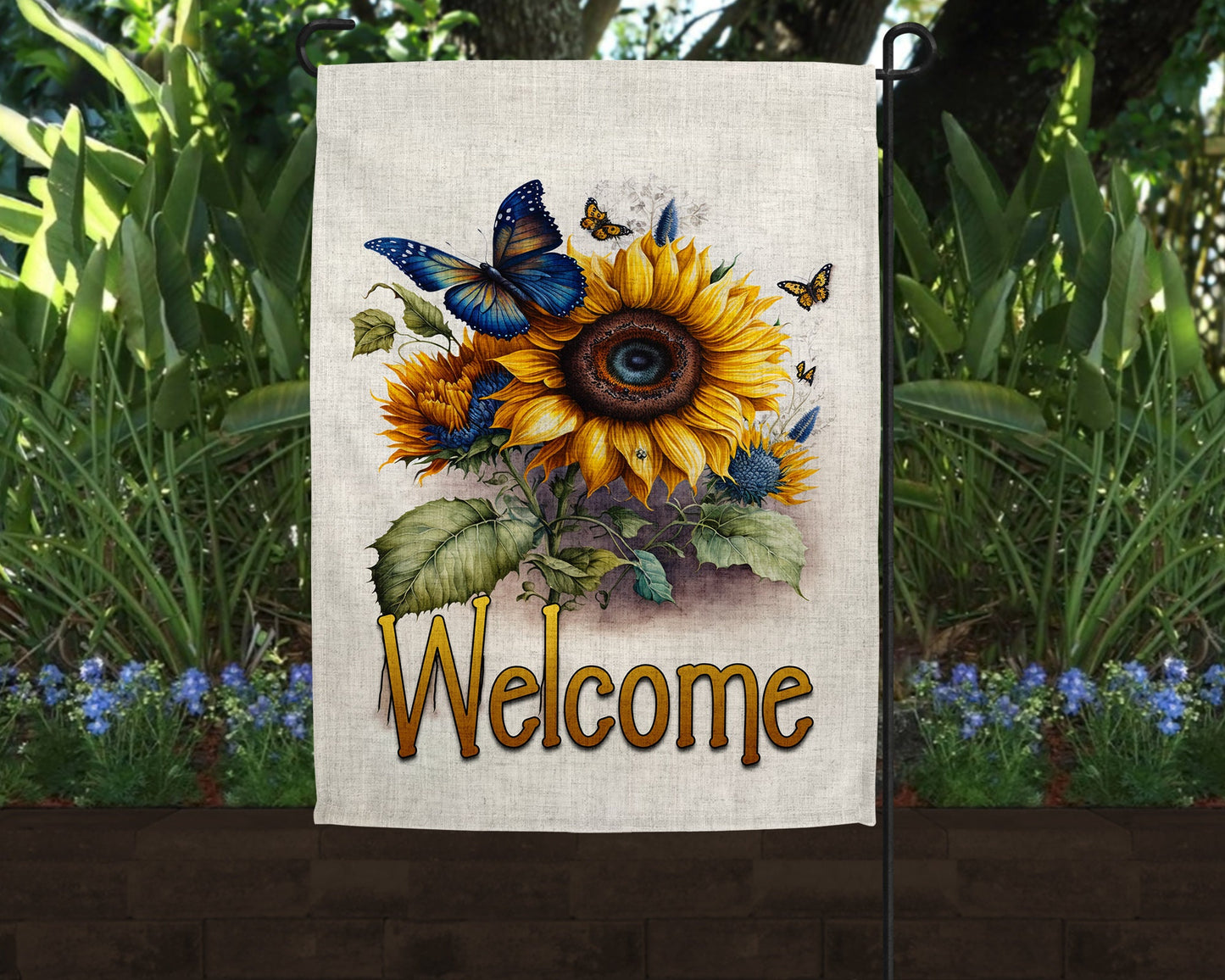 Welcome Autumn Sunflower and Butterflies Art Linen Garden Flag|Outdoor Decor|Garden Decor|Home Decor