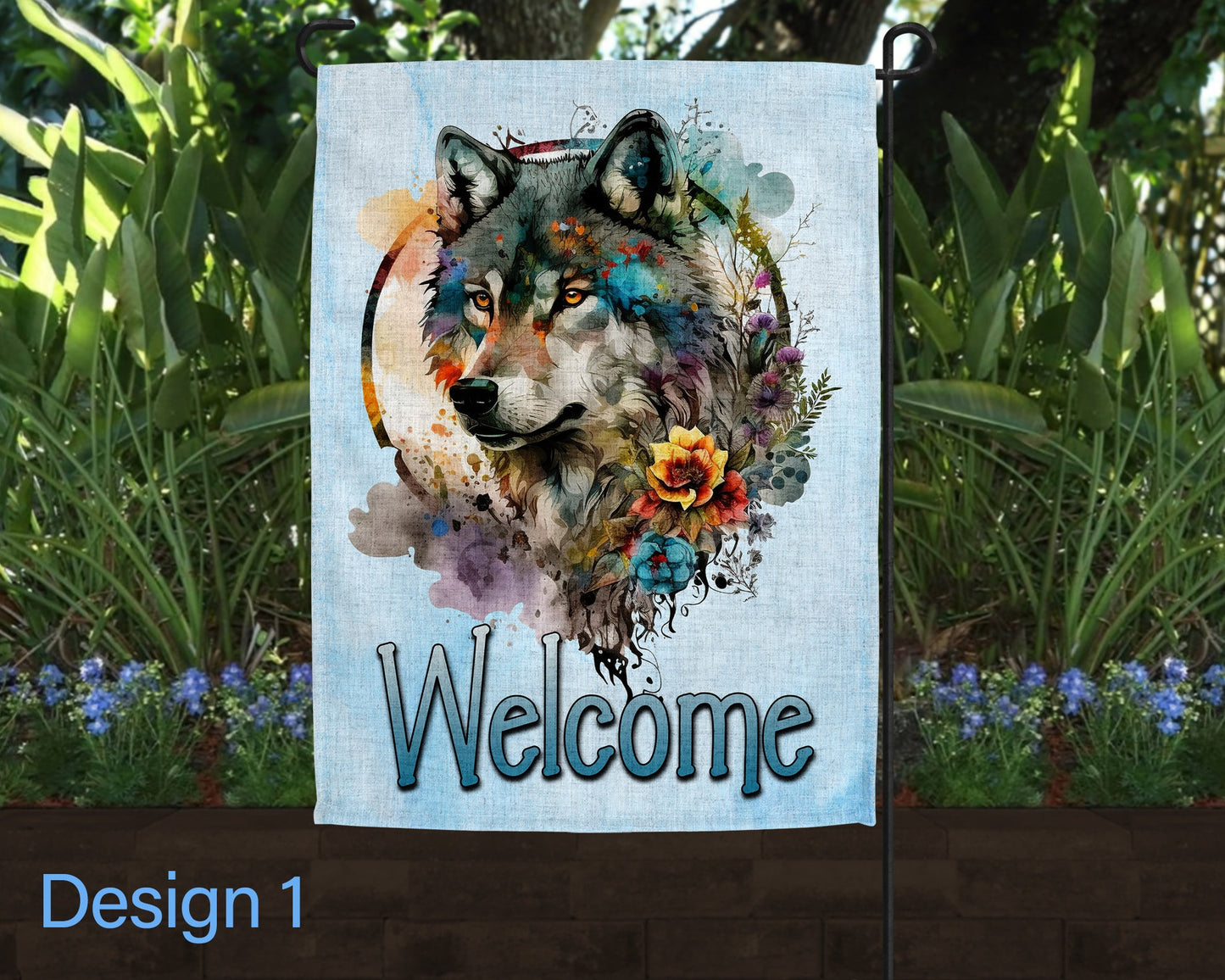Welcome Watercolor Wolf Floral Jar Art Linen Garden Flag - 3 Design Choices