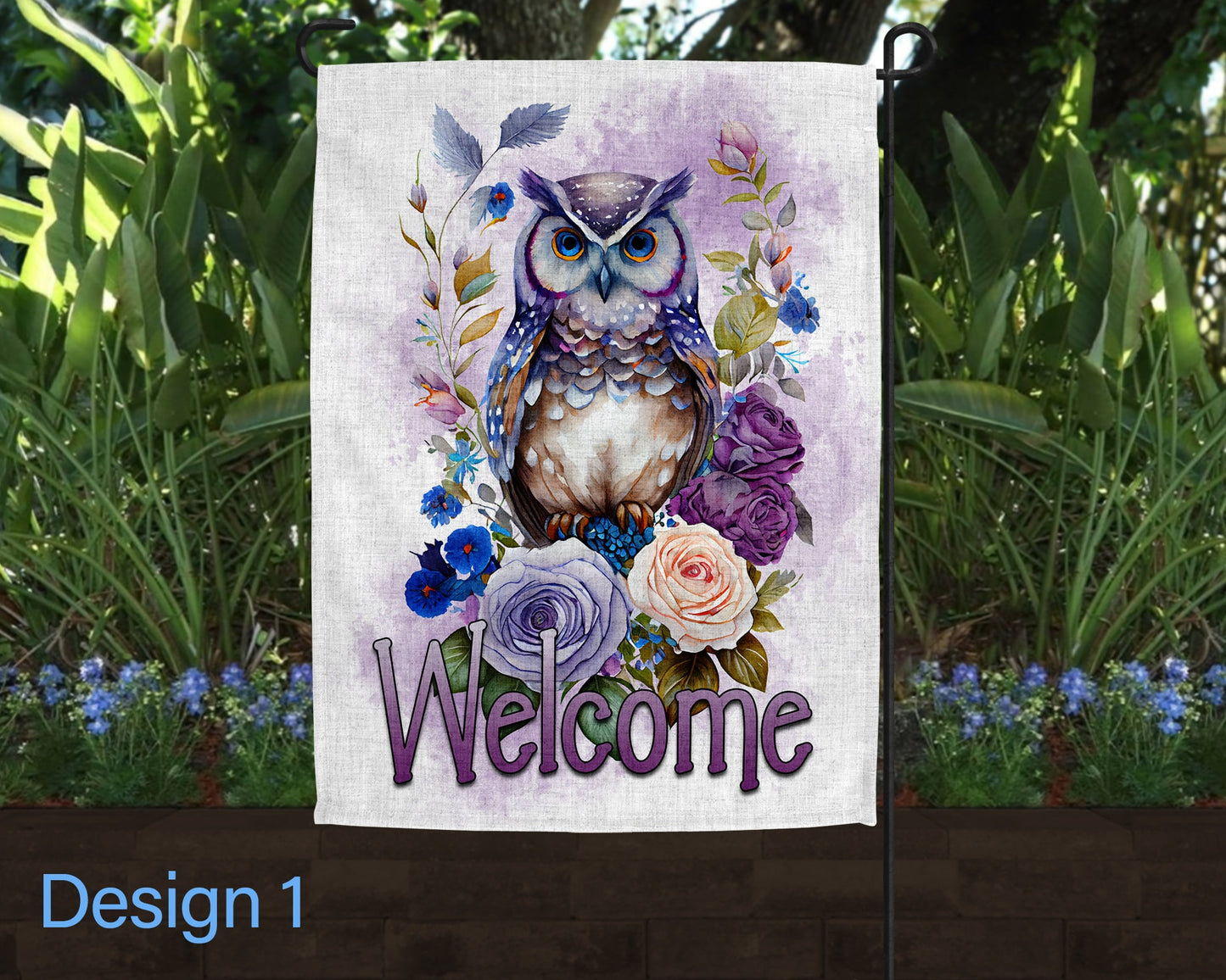 Welcome Watercolor Owl Floral Jar Art Linen Garden Flag - 4 Design Choices