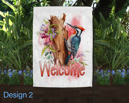 Welcome Watercolor Woodpecker Floral Jar Art Linen Garden Flag - 2 Design Choices
