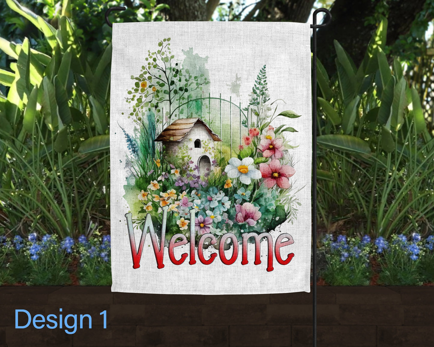 Welcome Watercolor Spring Garden Floral Jar Art Linen Garden Flag - 4 Design Choices