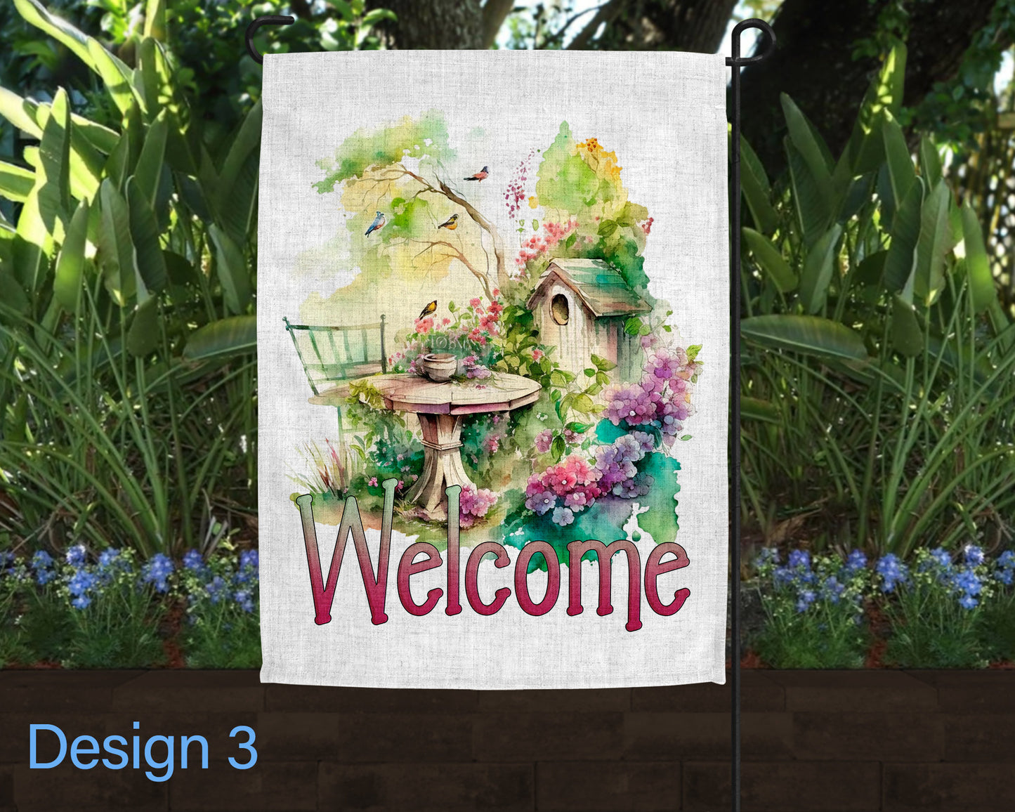Welcome Watercolor Spring Garden Floral Jar Art Linen Garden Flag - 4 Design Choices