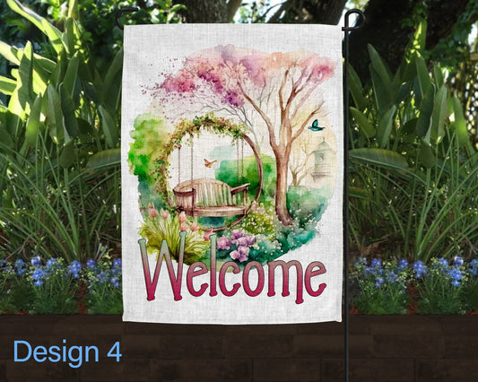 Welcome Watercolor Spring Garden Floral Jar Art Linen Garden Flag - 4 Design Choices