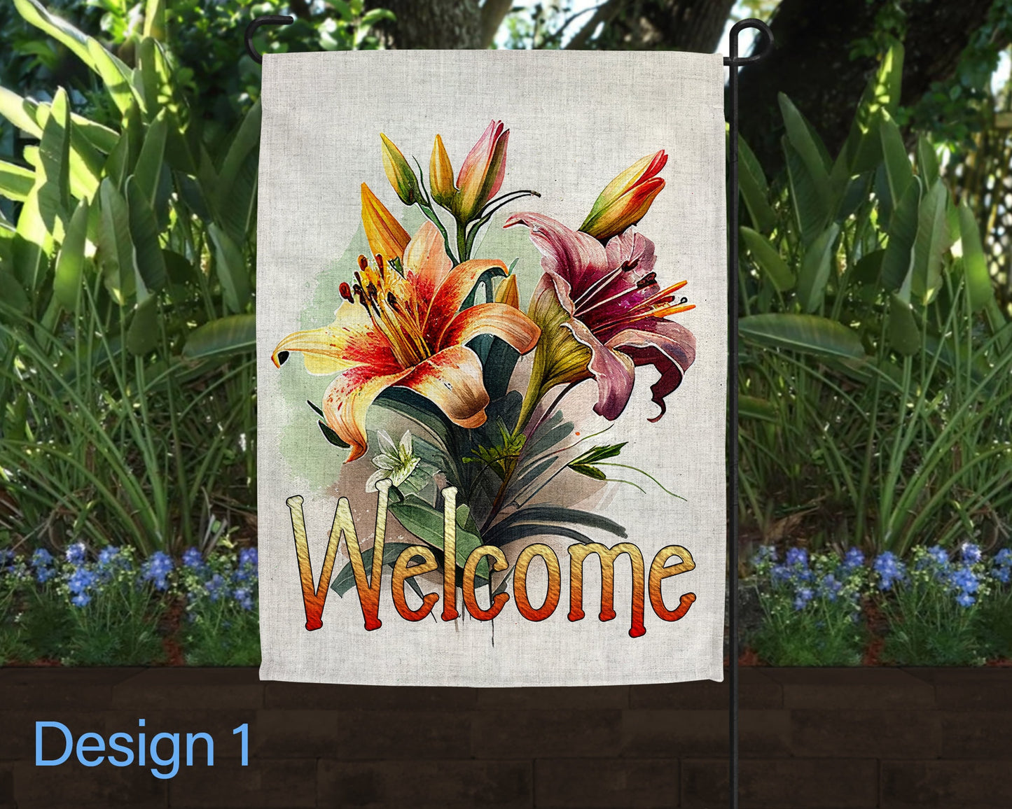 Welcome Watercolor Lilies Art Linen Garden Flag  - 2 Design Choices