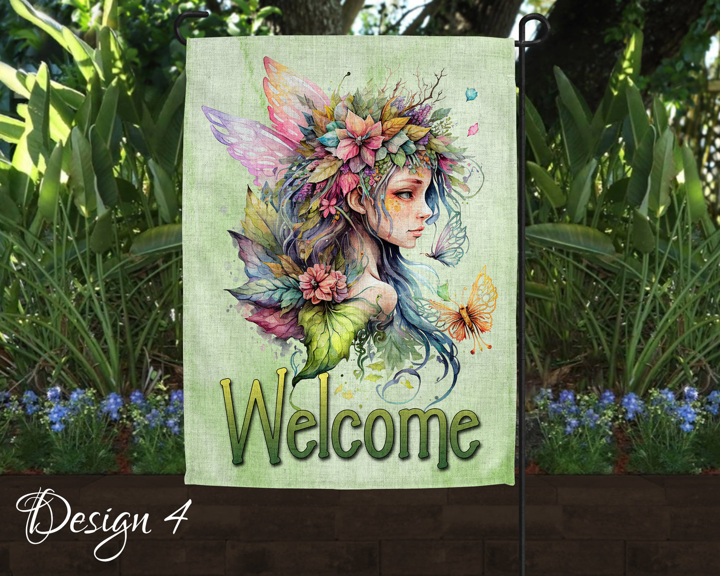 Cute Watercolor Fairy Garden Art Linen Garden Welcome Flag - 5 Design Choices