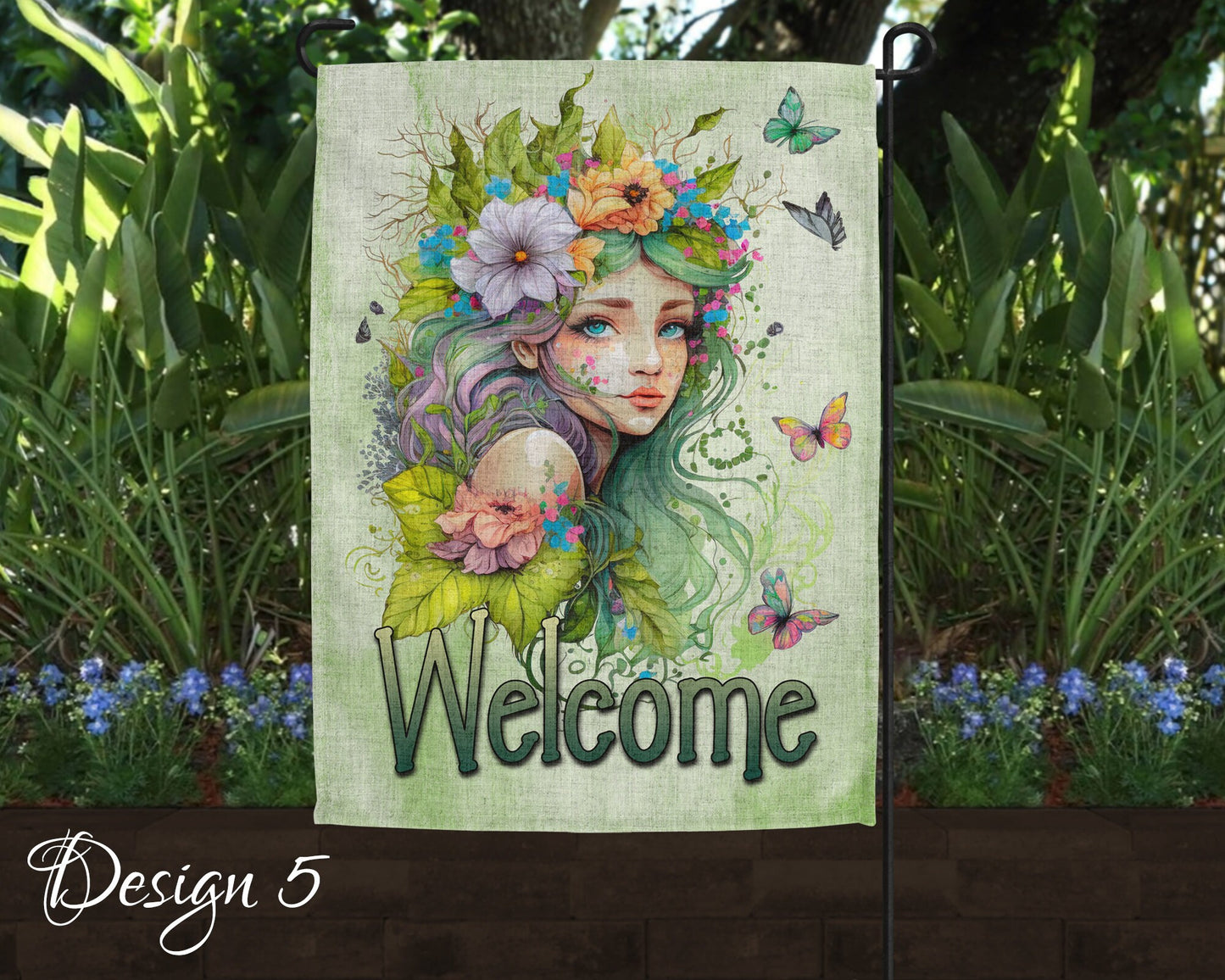Cute Watercolor Fairy Garden Art Linen Garden Welcome Flag - 5 Design Choices