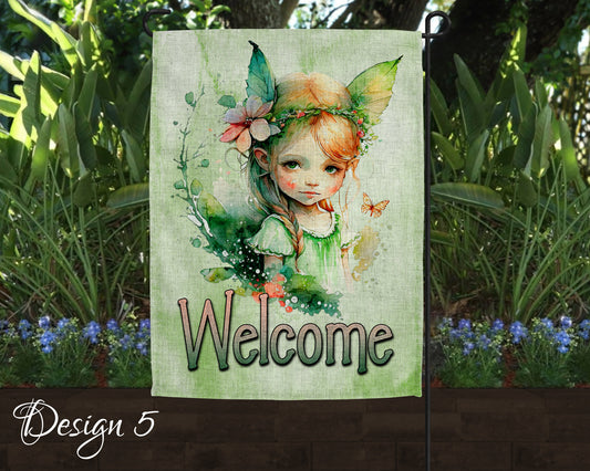 Cute Watercolor Fairy Garden Art Linen Garden Welcome Flag - 5 Design Choices