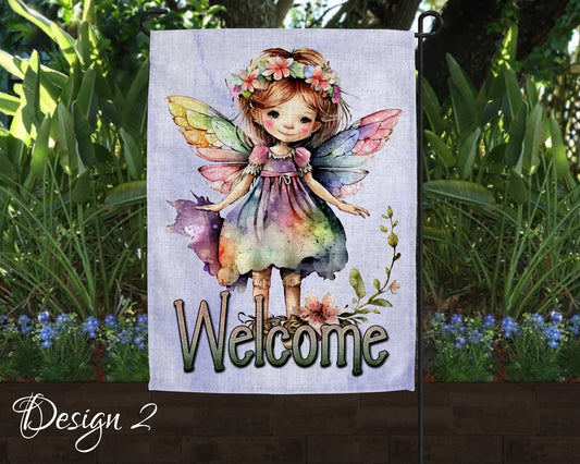 Cute Watercolor Fairy Garden Art Linen Garden Welcome Flag - 5 Design Choices