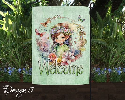 Cute Watercolor Fairy Garden Art Linen Garden Welcome Flag - 5 Design Choices