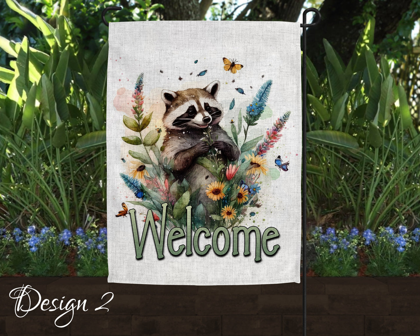 Welcome Cute Raccoon Floral Art Linen Garden Flag - 2 Design Choices