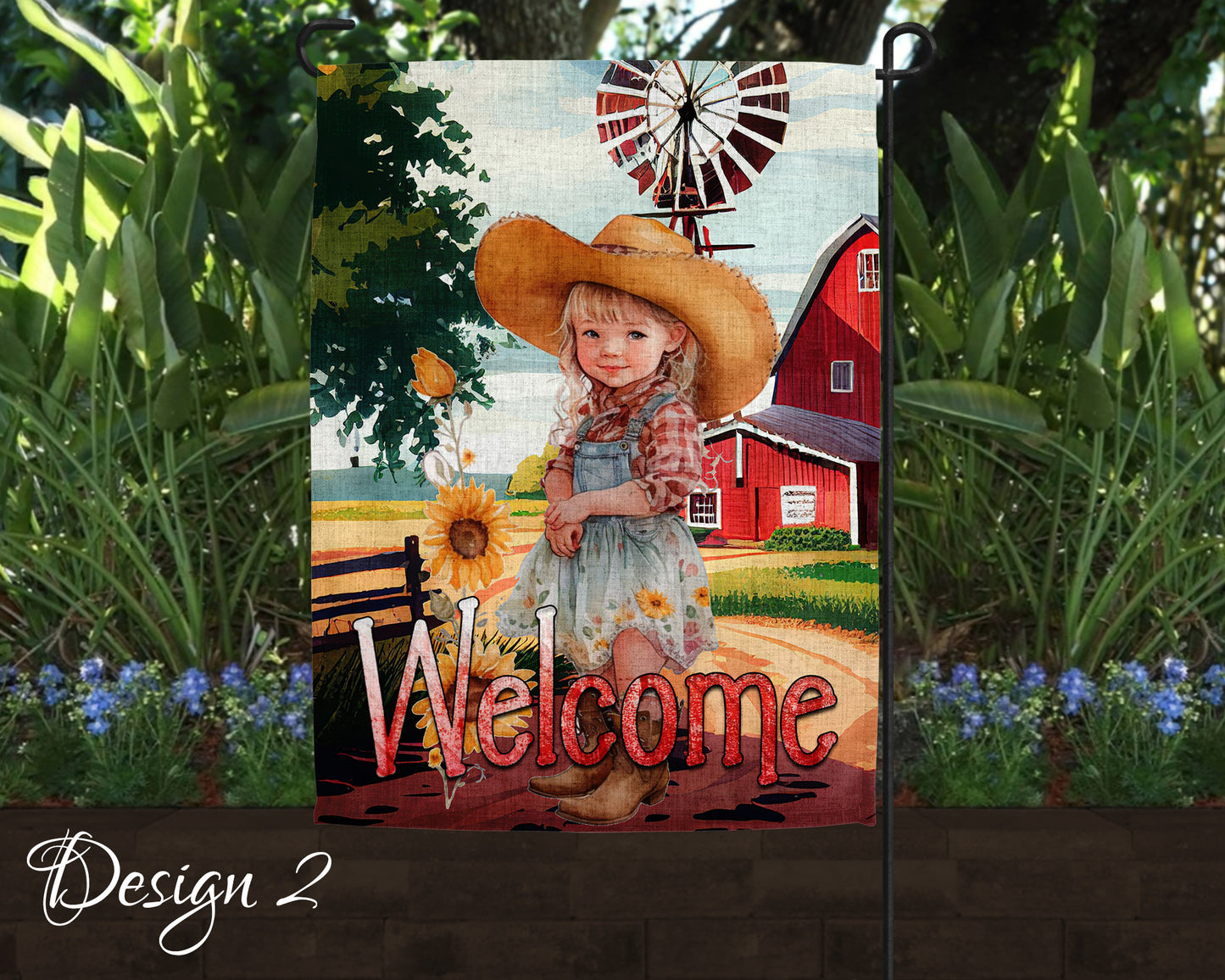 Welcome Cute Little Farm Girls Art Linen Garden Flag - 2 Design Choices