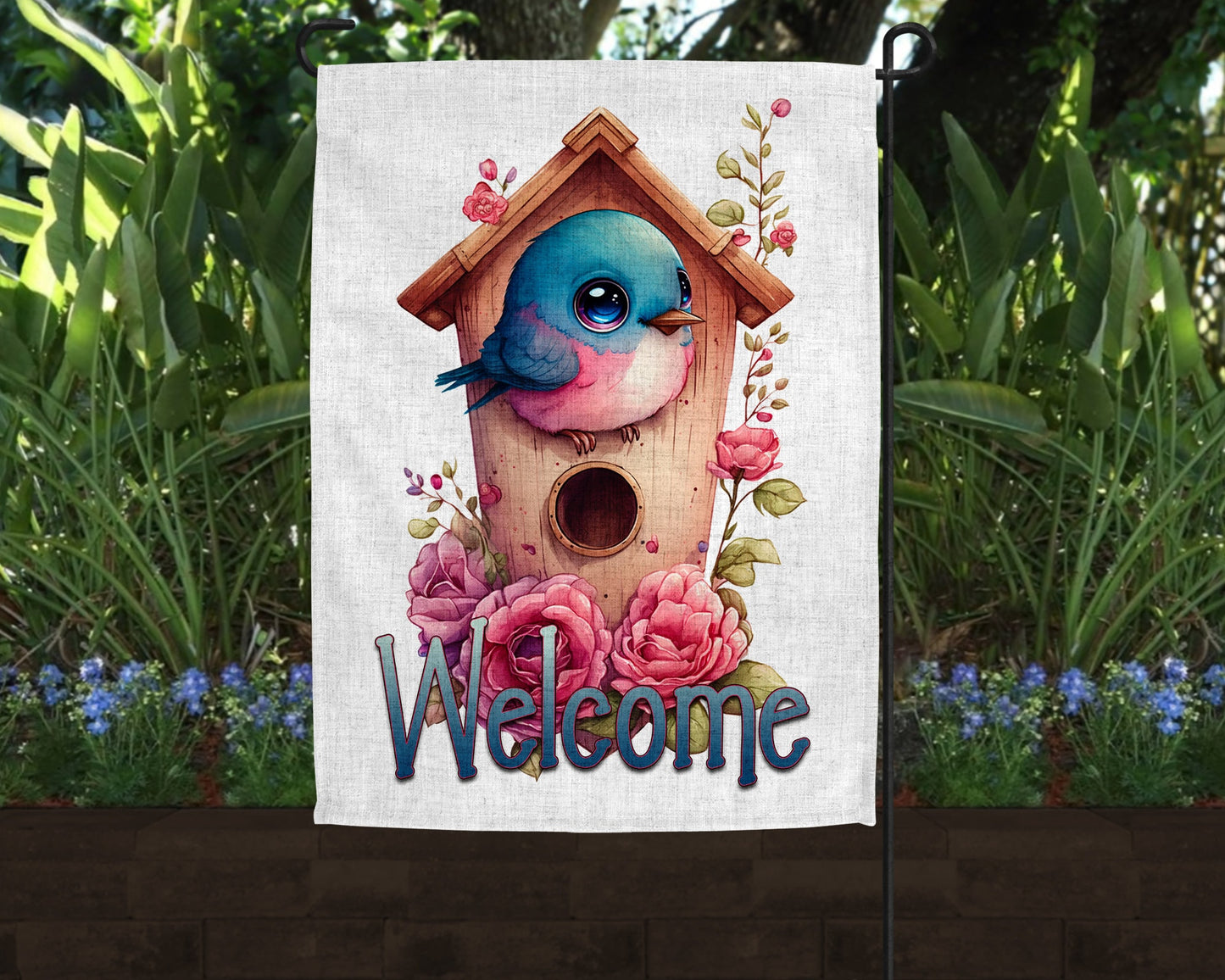 Cute Watercolor Bluebird Birdhouse Art Linen Garden Flag|Outdoor Decor|Garden Decor|Home Decor