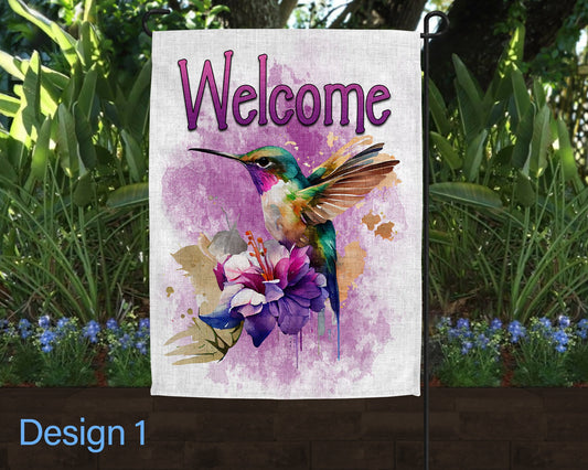 Watercolor Style Hummingbird Linen Garden Flag - 5 Design Choices