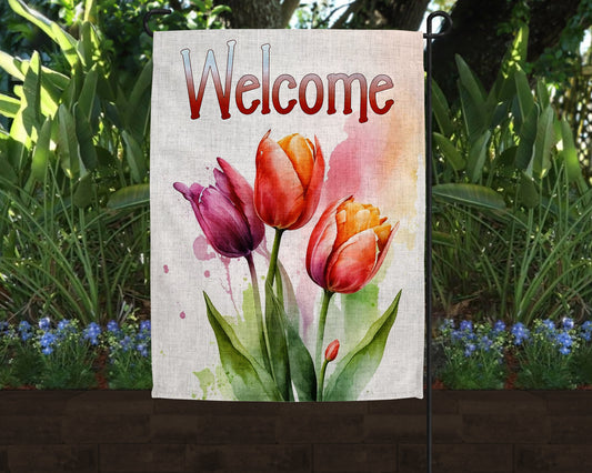 Welcome Tulips Art Linen Garden Flag|Outdoor Decor|Garden Decor|Home Decor