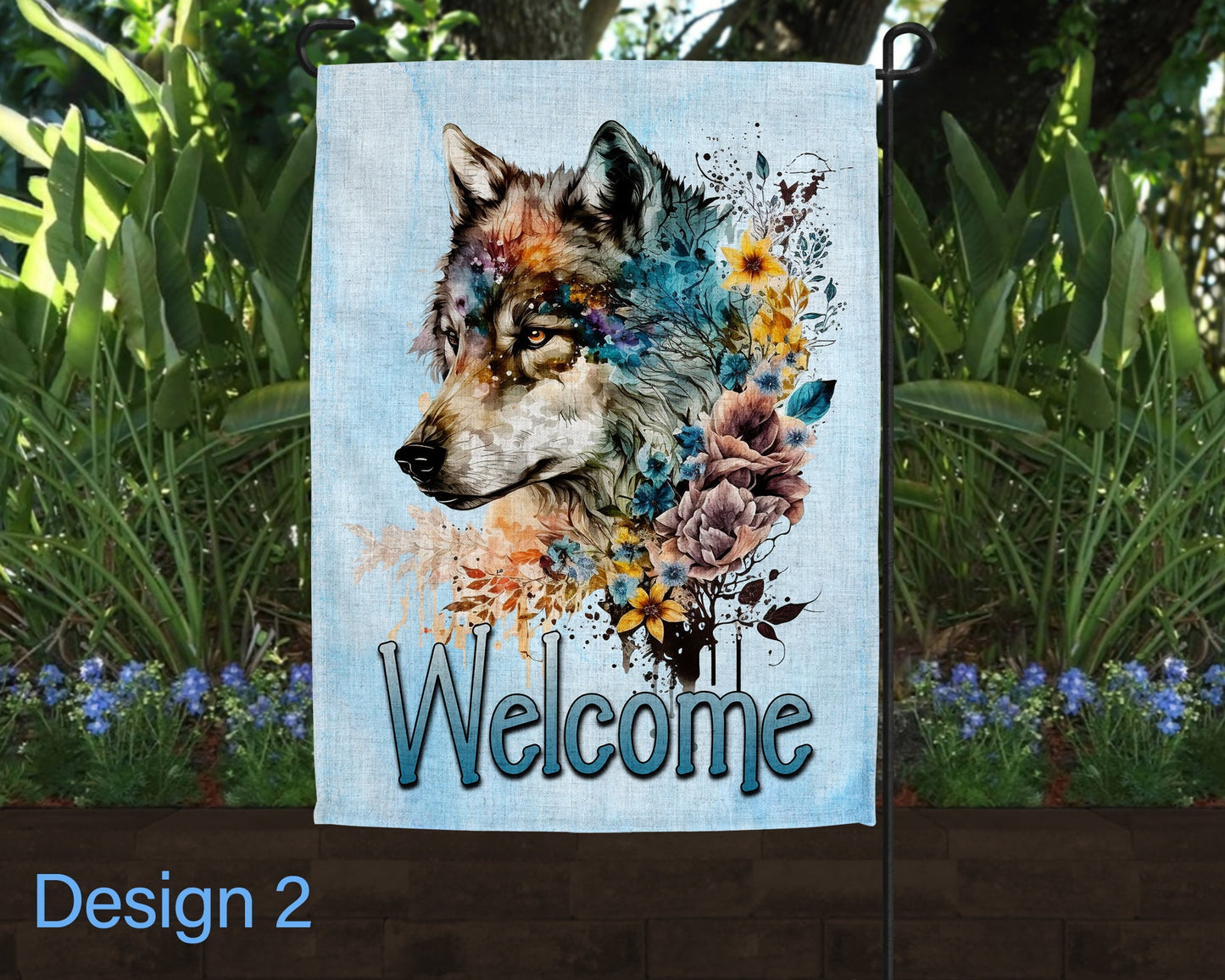 Welcome Watercolor Wolf Floral Jar Art Linen Garden Flag - 3 Design Choices