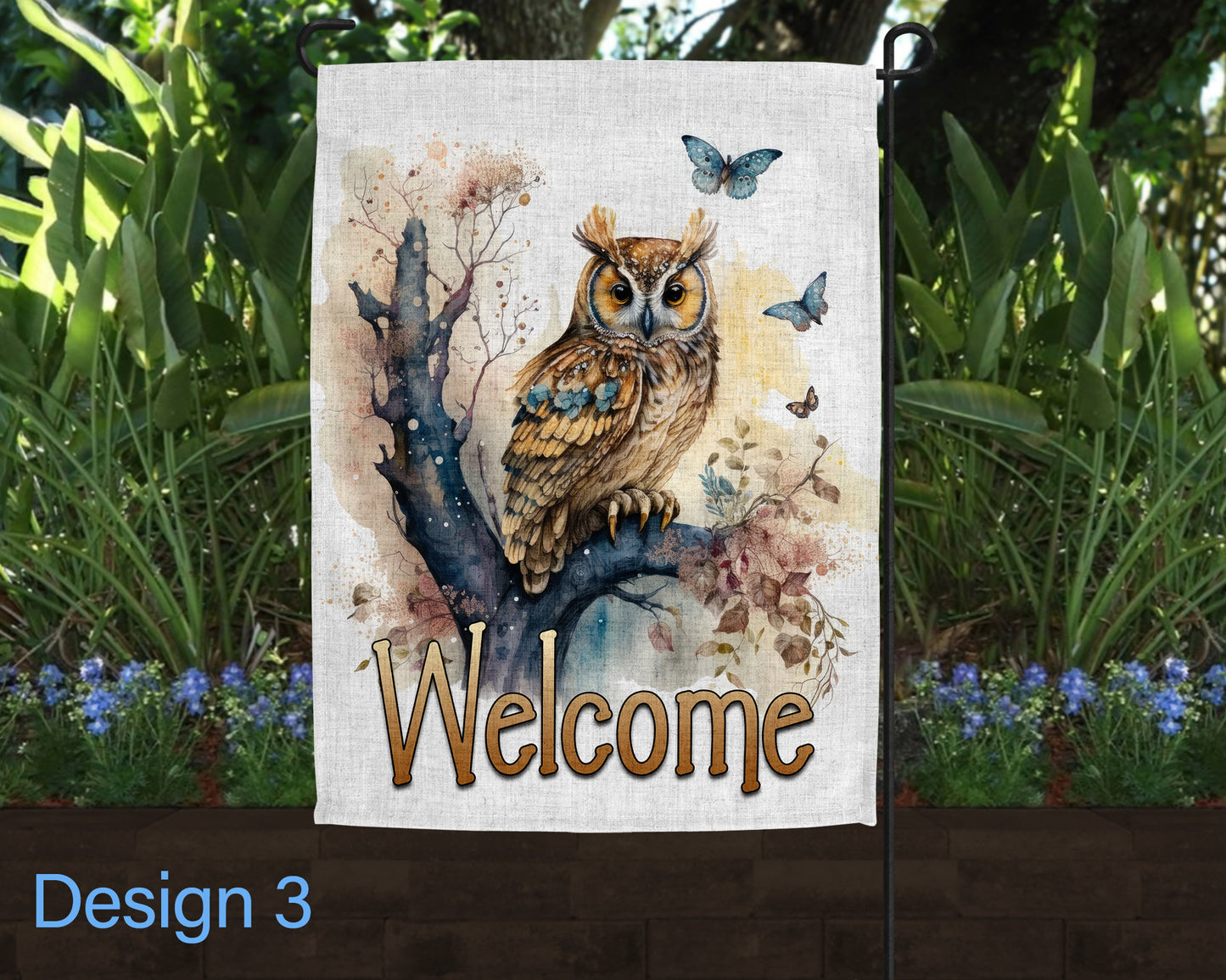 Welcome Watercolor Owl Floral Jar Art Linen Garden Flag - 4 Design Choices