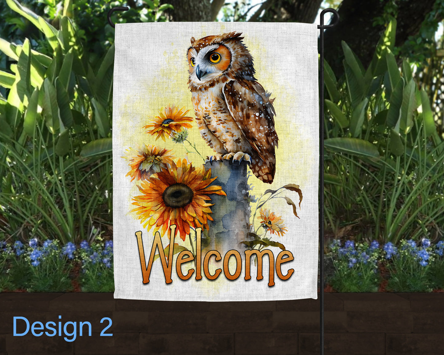 Welcome Watercolor Owl Floral Jar Art Linen Garden Flag - 4 Design Choices