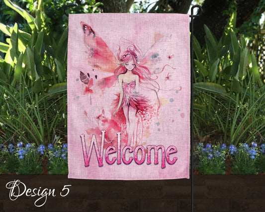 Cute Watercolor Fairy Garden Art Linen Garden Welcome Flag - 5 Design Choices