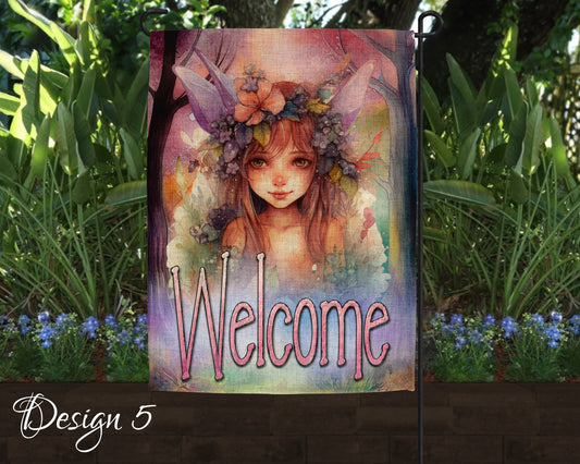 Cute Watercolor Fairy Garden Art Linen Garden Welcome Flag - 5 Design Choices