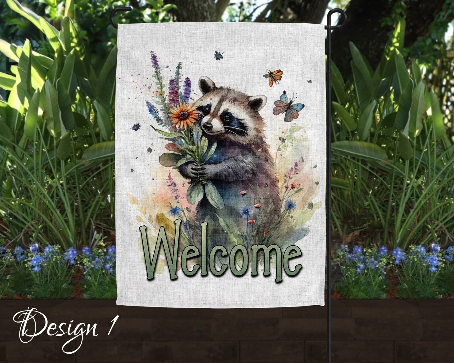 Welcome Cute Raccoon Floral Art Linen Garden Flag - 2 Design Choices