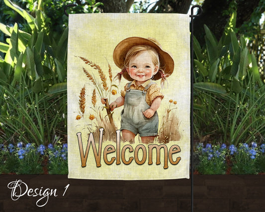 Welcome Cute Little Farm Girls Art Linen Garden Flag - 2 Design Choices