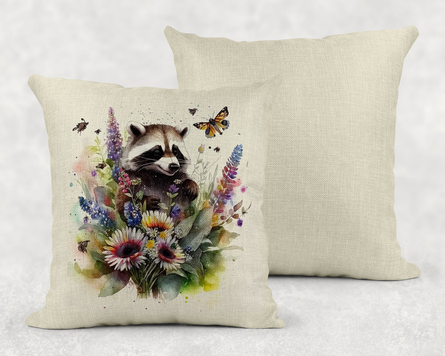 Watercolor Floral Baby Raccoon Art Linen Throw Pillow Sham