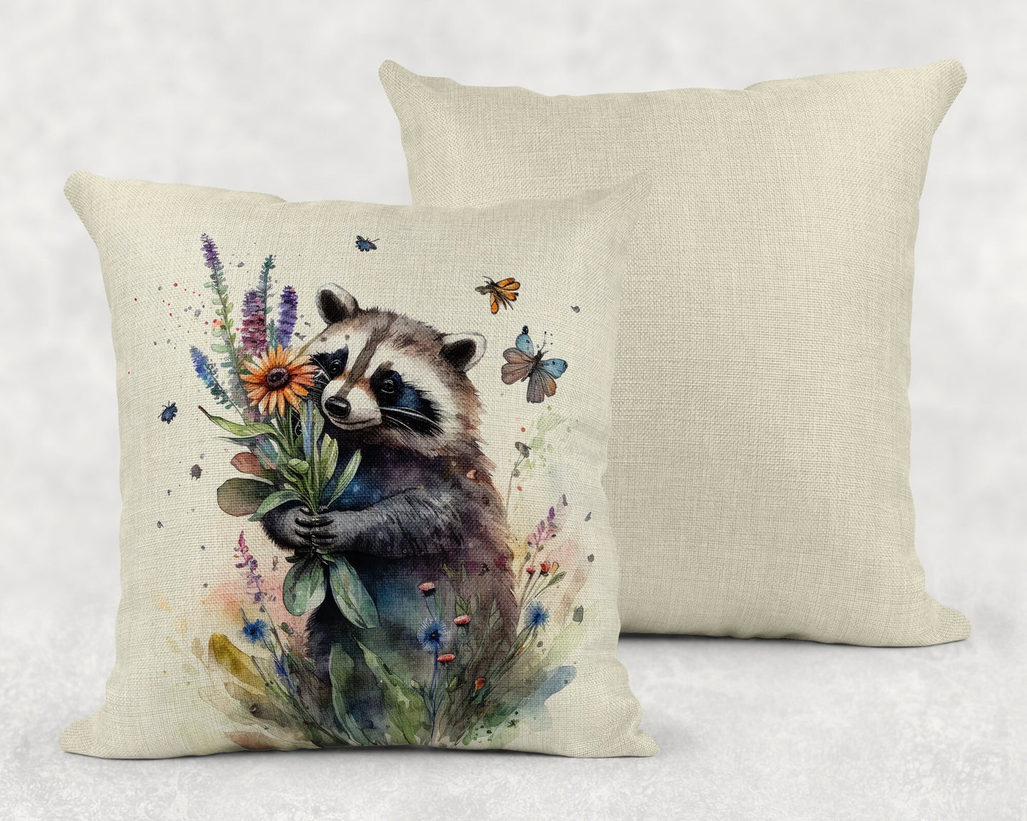 Watercolor Floral Baby Raccoon Art Linen Throw Pillow Sham