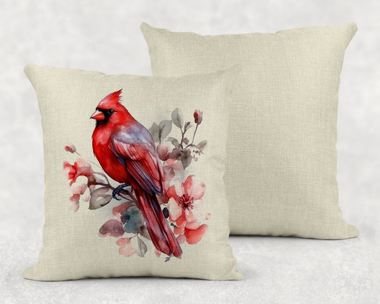 Watercolor Cardinal and Cherry Blossoms Art Linen Throw Pillow