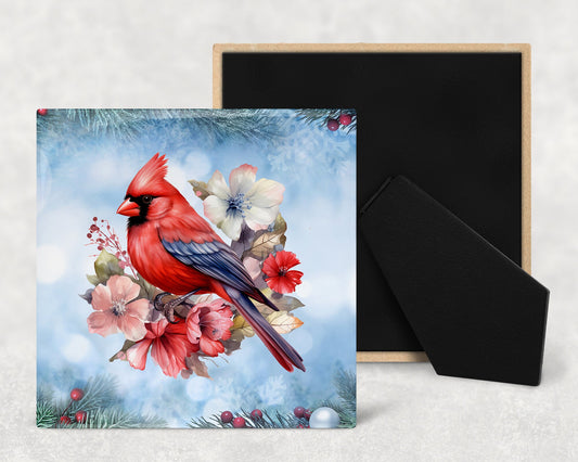 Christmas Cardinals Art Decorative Ceramic Tile Set with Optional Easel Back - Available in 4 sizes - Set of 4