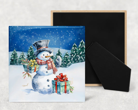 Holiday Snowman Art Decorative Ceramic Tile Set with Optional Easel Back - Available in 4 sizes - Set of 4