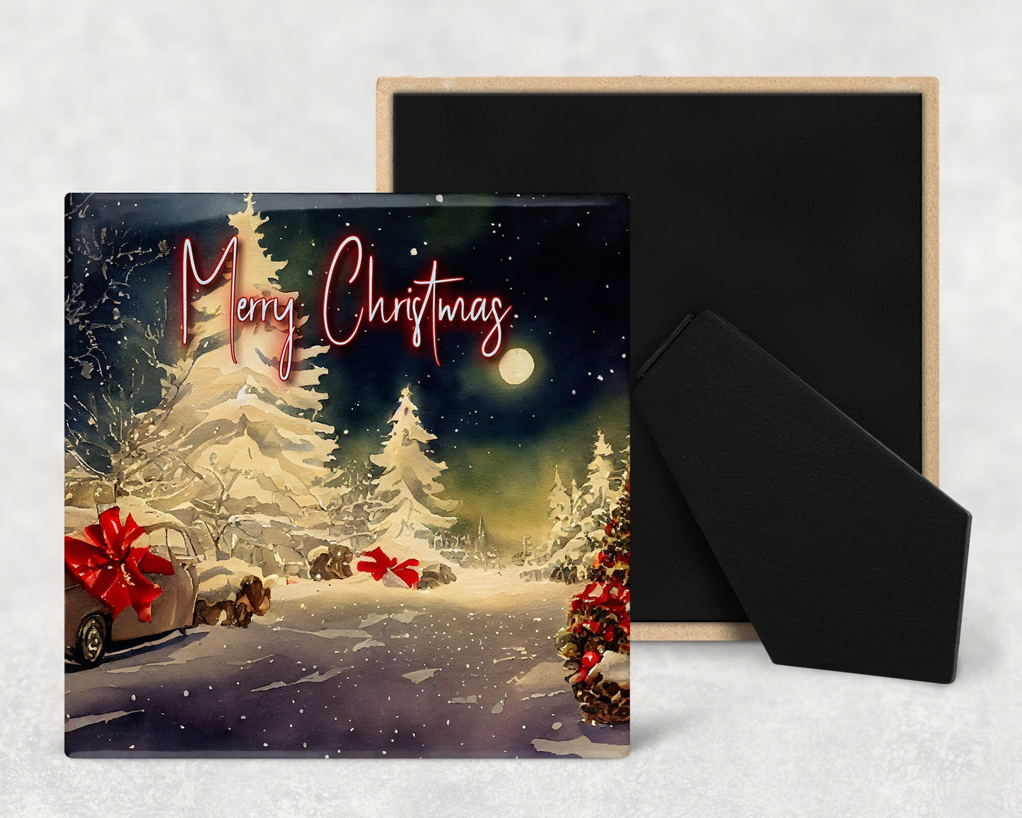 Merry Christmas Village Art Decorative Ceramic Tile with Easel Back - Available in 3 Sizes