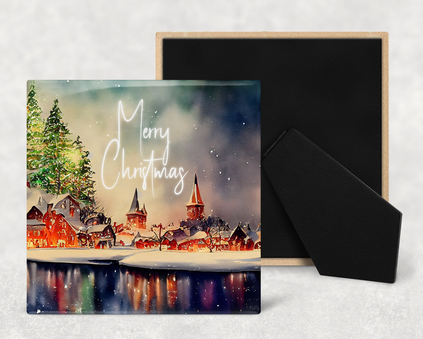 Merry Christmas Village Art Decorative Ceramic Tile with Easel Back - Available in 3 Sizes