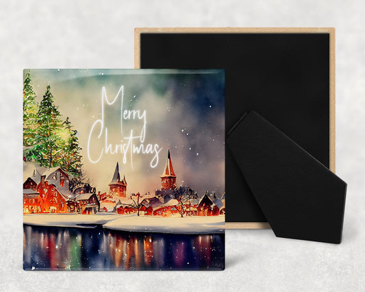 Merry Christmas Village Art Decorative Ceramic Tile with Easel Back - Available in 3 Sizes
