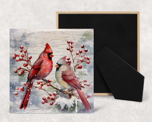 Watercolor Winter Cardinals on Wood Texture Art Decorative Ceramic Tile with Optional Easel Back - Available in 3 Sizes