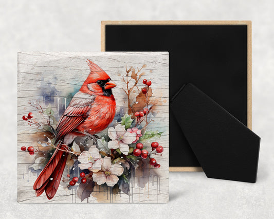 Watercolor Cardinal on Wood Texture Art Decorative Ceramic Tile with Optional Easel Back - Available in 3 Sizes