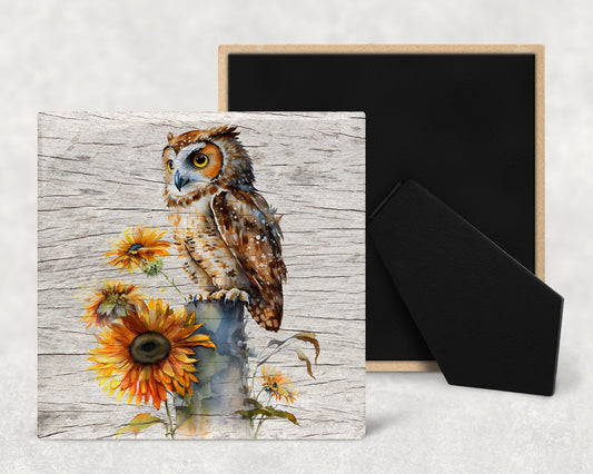 Watercolor Owl and Sunflowers on Wood Texture Art Decorative Ceramic Tile with Optional Easel Back - Available in 3 Sizes