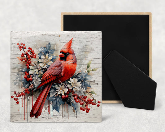 Watercolor Cardinal on Wood Texture Art Decorative Ceramic Tile with Optional Easel Back - Available in 3 Sizes