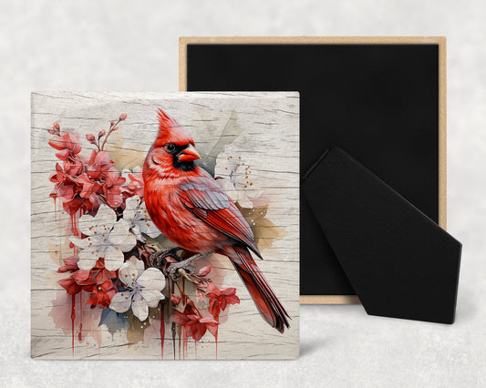Watercolor Cardinal on Wood Texture Art Decorative Ceramic Tile with Optional Easel Back - Available in 3 Sizes