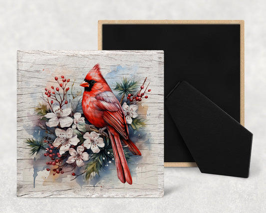 Watercolor Cardinal on Wood Texture Art Decorative Ceramic Tile with Optional Easel Back - Available in 3 Sizes
