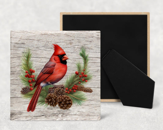 Watercolor Cardinal on Wood Texture Art Decorative Ceramic Tile with Optional Easel Back - Available in 3 Sizes