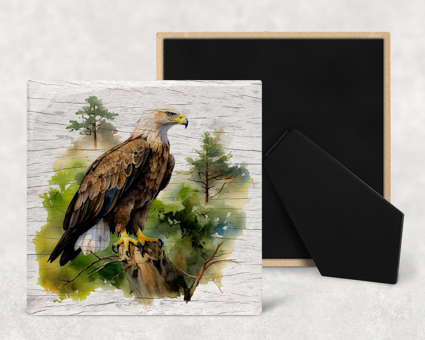 Watercolor Bald Eagle on Wood Texture Art Decorative Ceramic Tile with Optional Easel Back - Available in 3 Sizes
