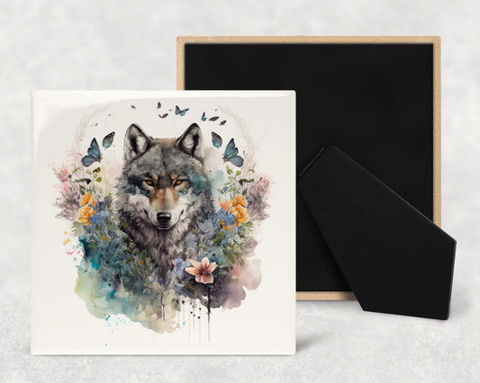 Watercolor Wolf Art Decorative Ceramic Tile with Optional Easel Back - Available in 3 Sizes