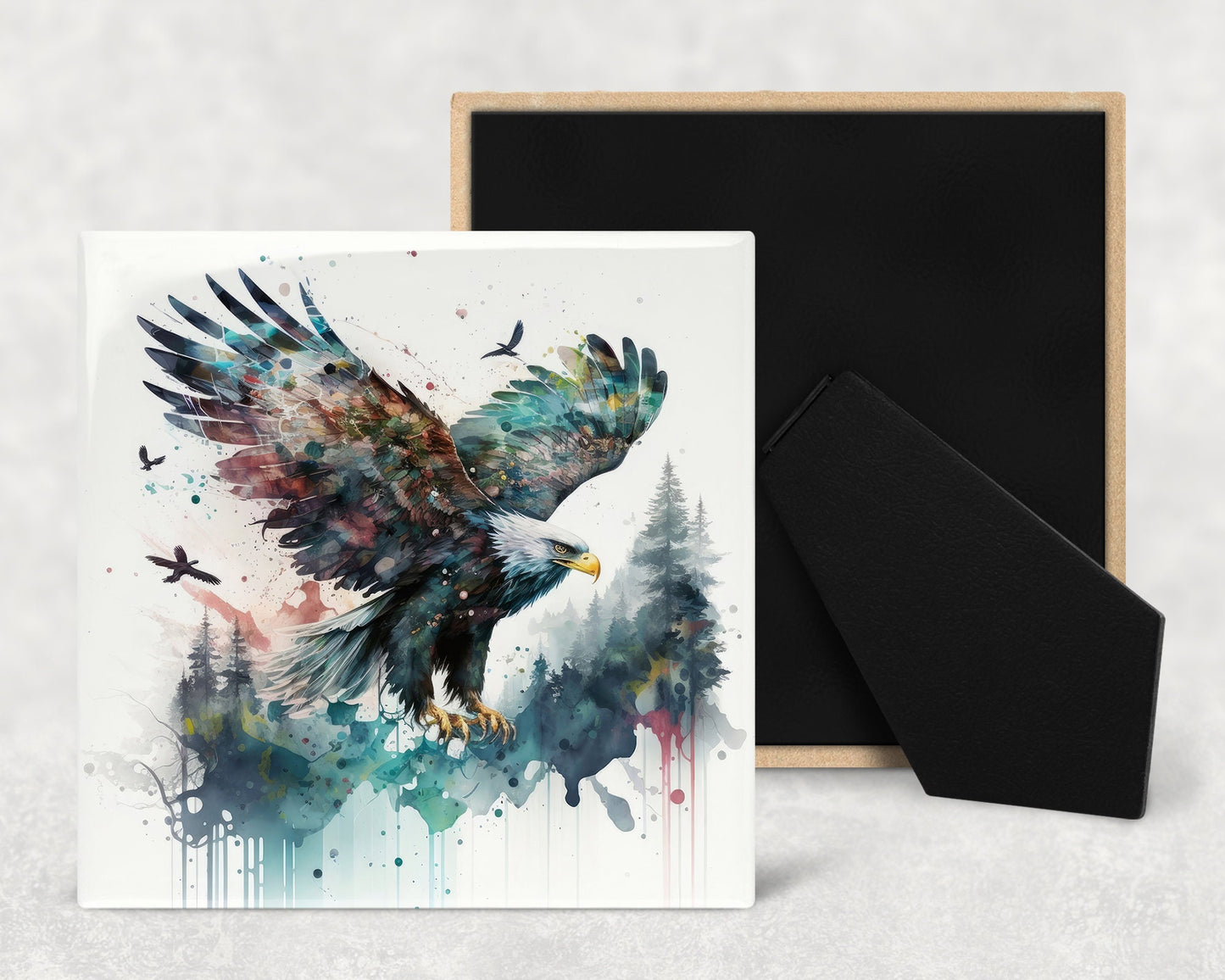 Watercolor Bald Eagle Art Decorative Ceramic Tile with Optional Easel Back - Available in 3 Sizes