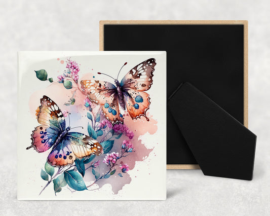 Watercolor Butterflies Art Decorative Ceramic Tile with Optional Easel Back - Available in 3 Sizes